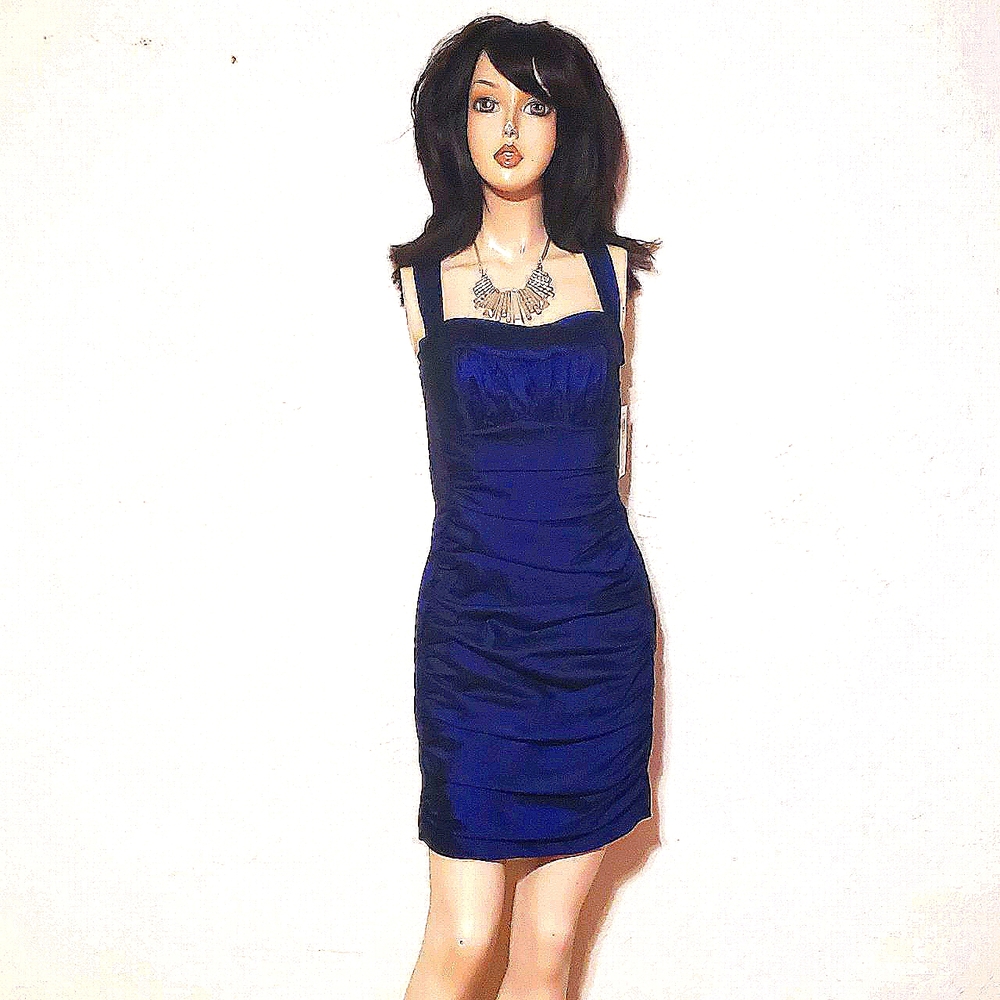 NWT Vintage Couture Jessica McClintock Ruched Cut Out Blue Mini Dress MSRP $164